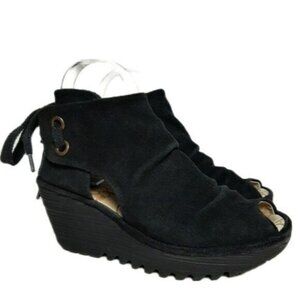 FLY LONDON / Yema Peep Toe Black Suede Wedge Bootie US 6.5 - 7 / Eur 37 Flawed